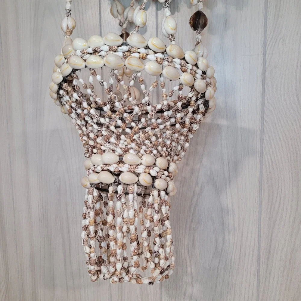 Handmade Vintage Cowrie Shell Hippie Bohemian Swag Plant Hanger White Brown